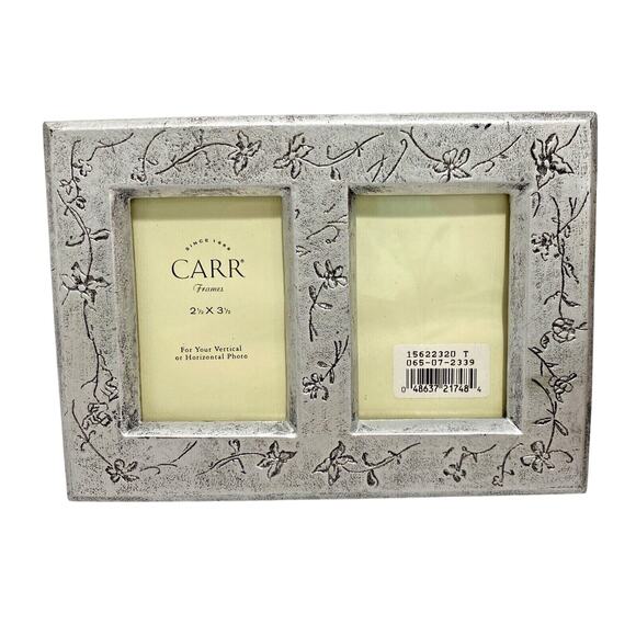 Carr photo frame textured silver tone wooden double picture holder 2.5” x 3.5” - Picture 1 of 5